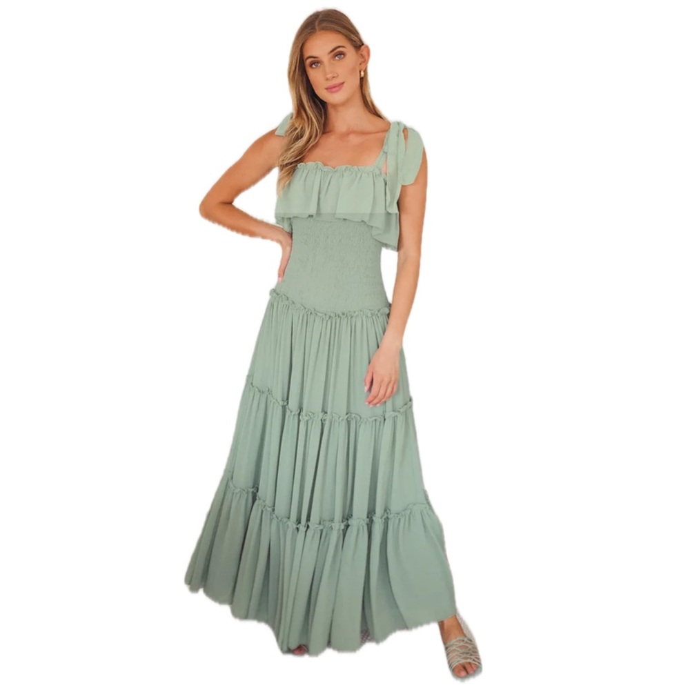 ๐ Lulu's Like a Fairy Tale Sage Green Smocked Tie-Strap Tiered Maxi Dress Large - Picture 3 of 9